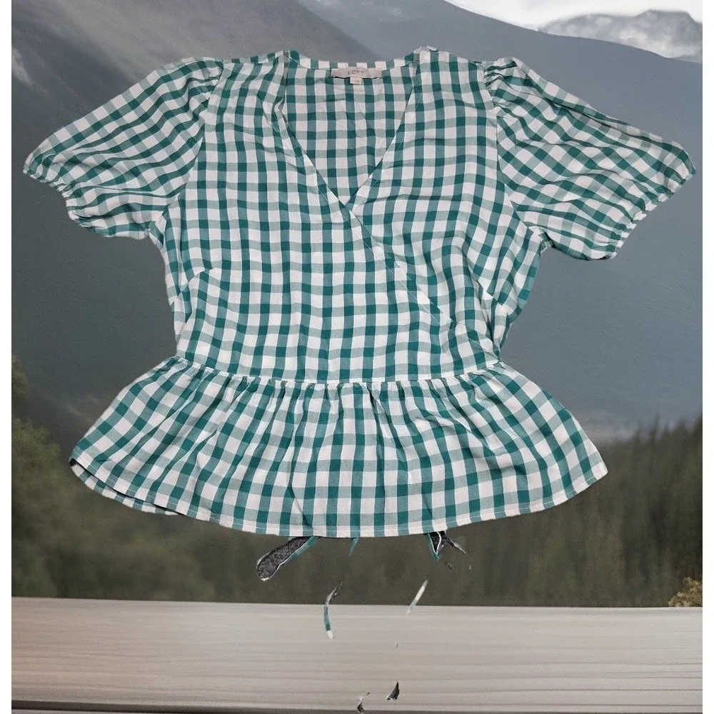 LOFT‎ Womens Green Gingham Puff Sleeve Peplum Wrap Top Size L V-Neck Tie Side